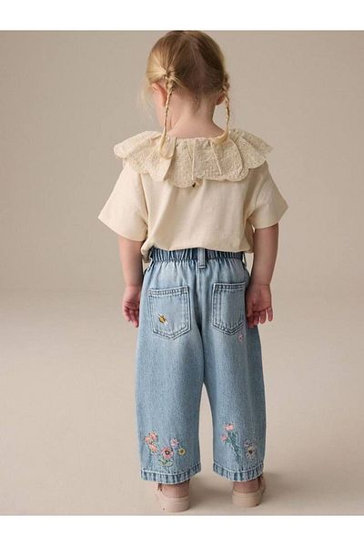 Motebarn Wear Girl's Floral Embroidered Waist Wide Leg Jean Jeans