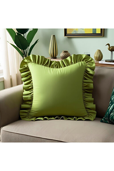 Bc Home Fıstık Yeşili Kadife Görünümlü Country Fırfırlı Kare Kırlent Kılıfı Y...