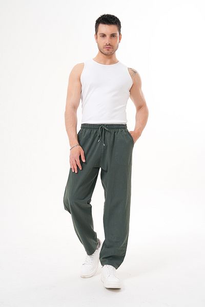BigBrossBoutique Khaki Men's Summer Cotton Linen Blended Comfortable Fit Trousers