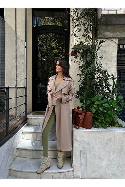 IDA Collection Cream Colored Trench Coat with Double Buttons and Windbreaker Detail