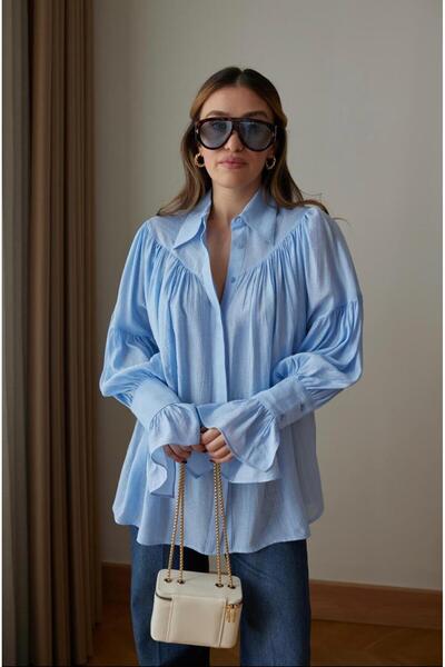 FEMMESTUDIO قميص نسائي أزرق برباط وأكمام مفصلة