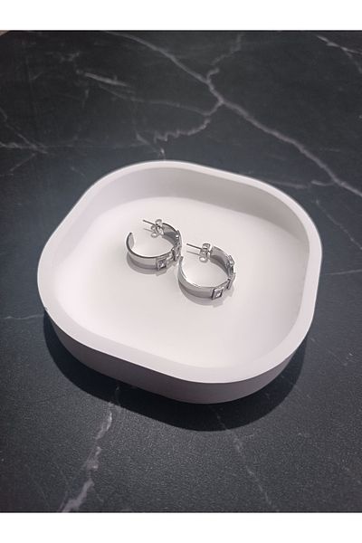 Serenita Mare Women's 316L Stainless Steel Square Zircon Stone Half Hoop Earrings – Silver Color