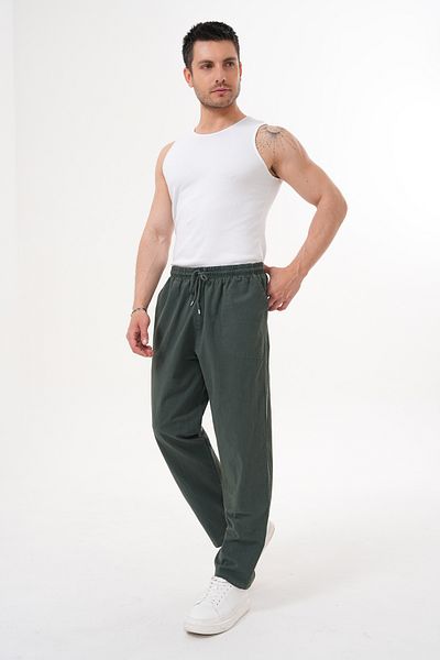 BigBrossBoutique Khaki Men's Summer Cotton Linen Blended Comfortable Fit Trousers