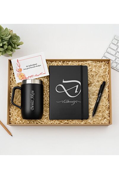 Bk Gift Kişiye Özel İsimli Siyah Defter, Kulplu Çelik Termos ve Tükenmez Kale...