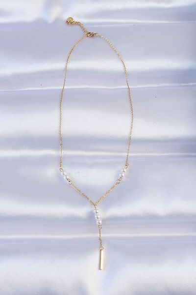 Skygo 316L Steel Chain Gold Color Minimal Pearl Rhinestone Dangle Necklace - Tj-Bko8732