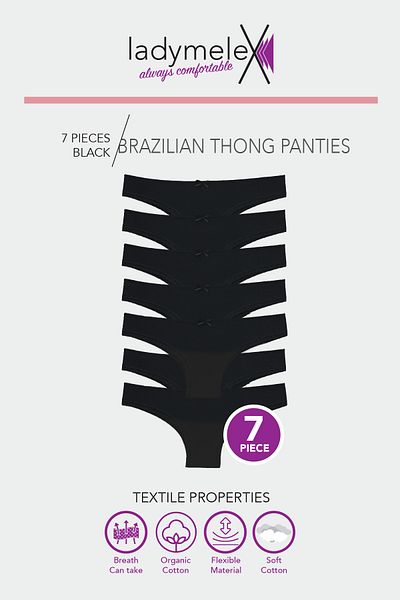 LadyMelex Tanga pentru femei, pachet de 7, tanga braziliană, neagră, țesătură moale din bumbac
