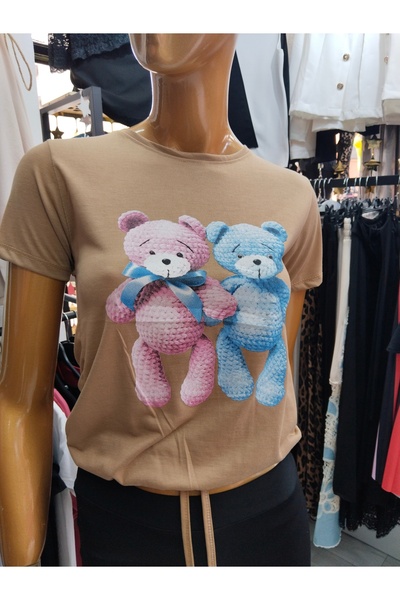 JUSTA طاقم الرقبة الدب المطبوعة المرأة تي شيرت مع الخصر المطاطي الرباط