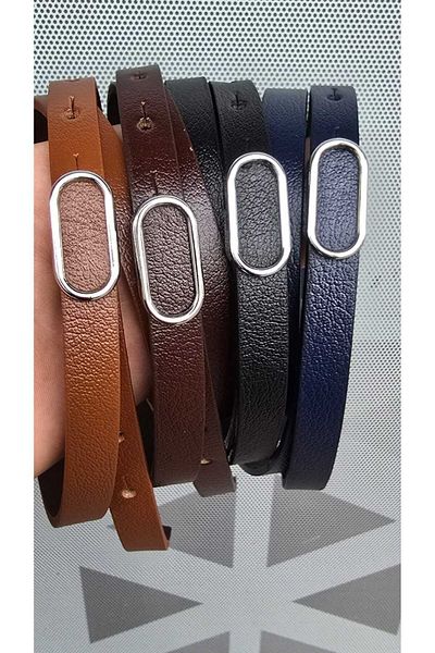 Kemerix 100% Genuine Leather Silver Buckle Thin Black-Tan-Navy Blue-Acute Brown 4-Piece Belt Set