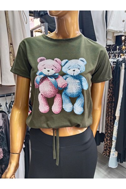 JUSTA طاقم الرقبة الدب المطبوعة المرأة تي شيرت مع الخصر المطاطي الرباط