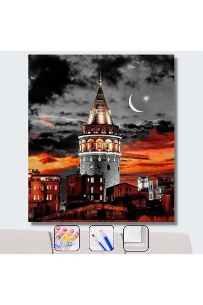 Pastelya Sayılarla Boyama Seti Çerçeveli Kasnaklı Galata Kulesi Renkli 40x50