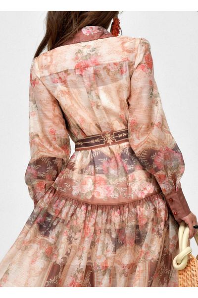 WellWay Linen Fabric Floral Patterned Shirt Collar Button Detailed Lined Brown Dress (Belt Included)-2721