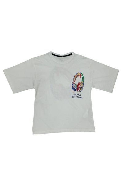 İrem Çocuk Giyim Boy / Girl White T-Shirt with Headphones Pattern on the Front and Back
