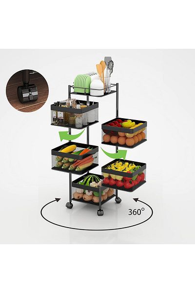 BUNCA 5-Tier Square Rotating Portable Storage Basket with Wheels for Kitchen Fruit and Vegetable Storage