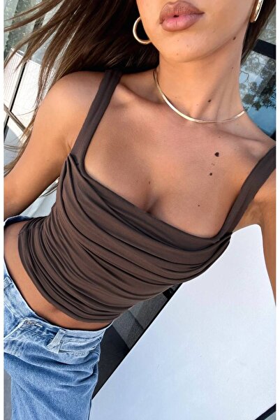 Sudelim butik Kalın Askılı Degaje Yaka Önü Büzgülü Crop Body