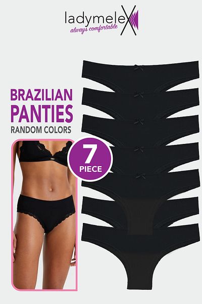 LadyMelex Tanga pentru femei, pachet de 7, tanga braziliană, neagră, țesătură moale din bumbac