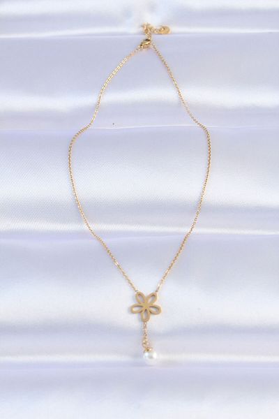 Skygo 316L Steel Chain Gold Color Pearl Detail Flower Necklace - Tj-Bko8730