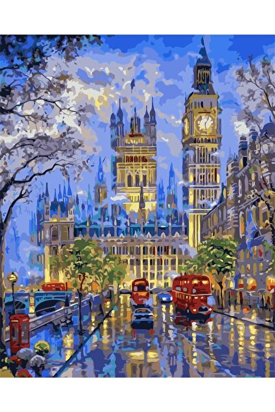 Pastelya Sayılarla Boyama Seti Çerçeveli Kasnaklı Mavi Şehir 40x50