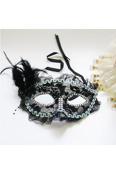Skygo Black Color Side Feather Pearl Embroidered Stone Lace Party Mask 17X12 cm