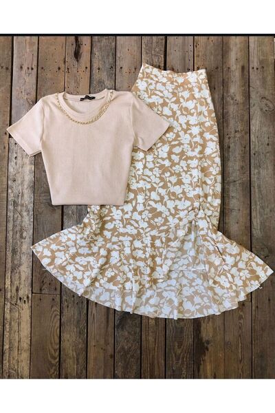 tülaybutik Women's Summer Floral Ruffle Skirt Product Length 80 cm