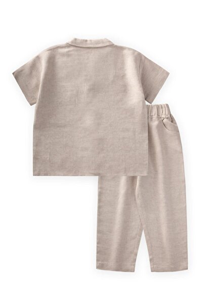 Cigit Pocket Embroidered Shirt Trousers Linen Set 2-7 Years Natural
