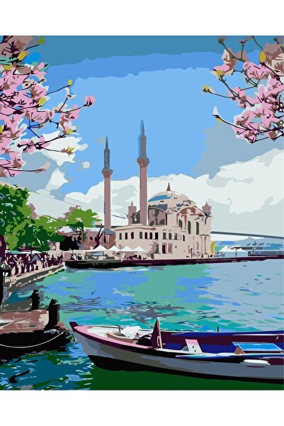 Pastelya Sayılarla Boyama Seti Çerçeveli Kasnaklı Ortaköy Cami Ve Sandal 40x50