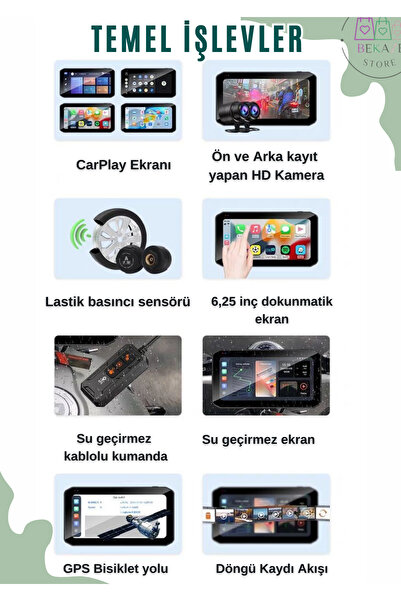 BEKAZE 6.25'' 2K Dokunmatik Ekranlı Su Geçirmez Motosiklet CarPlay GPS - 2 Kameralı, Lastik Basınç Sensörlü