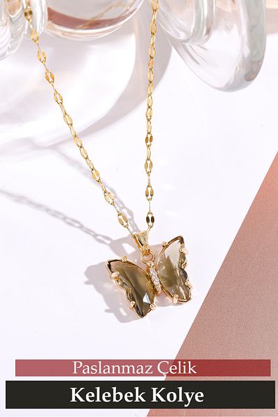 Nehir Trend Stainless Tarnish Steel Butterfly Necklace Valentines Women Fathers Teachers Day Gift