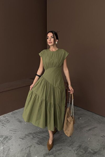 Viyamo Khaki Drawstring Detailed Linen Dress