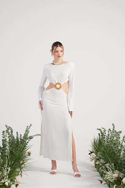 HOLLY LOLLY Esnek Kumaş Sırt Dekolteli Uzun Cameron Elbise Beyaz