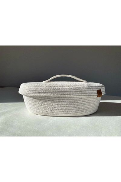 Sevdam Sepet White Large Size Bread Basket With Lid , Cotton Bread Basket Cord Rope Cotton Rope