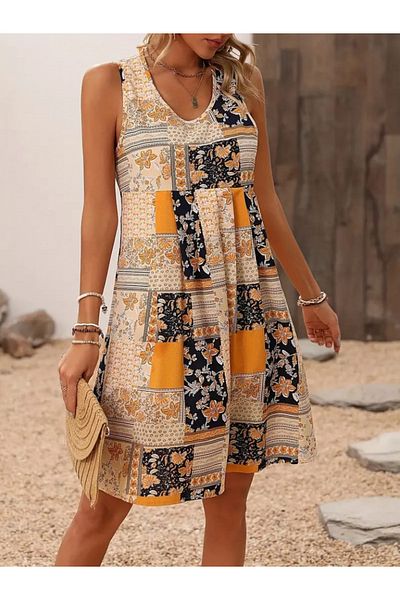 Kokosh moda Women's Zero Sleeve Round Neck Floral Patterned Single Jersey Dress