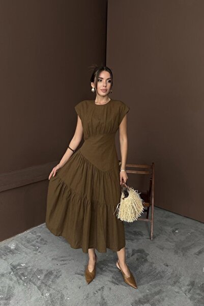 JANES Καφέ λινό φόρεμα με λεπτομέρεια με κορδόνι