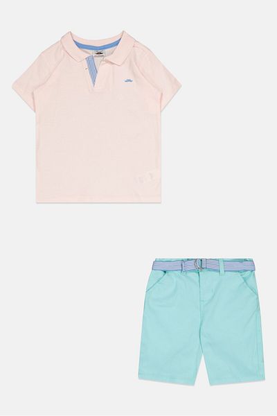 Little Gent Kids Boy 2pcs Short Polo Shirt And Short Set, Pink/turqouise