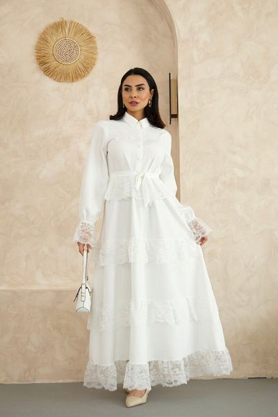 WellWay Atlas Fabric & Lace Detailed Shirt Collar Buttoned White Dress (Belt Included)-2526