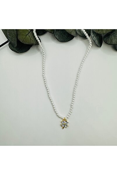 staınless steel 316L Çelik İnci Kordonlu Gold Zirkon Taşlı Yonca Kolye