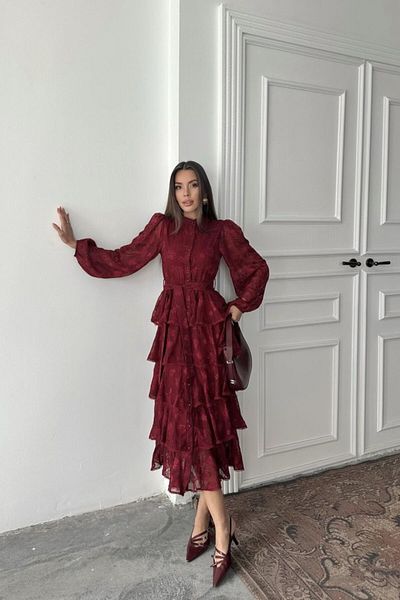 modaserdem Rochie de damă burgundă cu volan în dungi, în straturi, de noapte-absolvire-nunta-rochie de seara