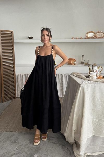 Deridün Yıldız Shoes Black Strappy Muslin Dress