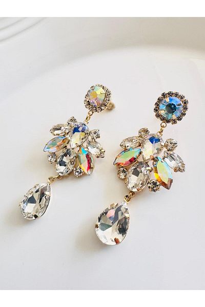 DEVİ fashion Crystal Stone Dangle Evening Dress Earrings 7 cm