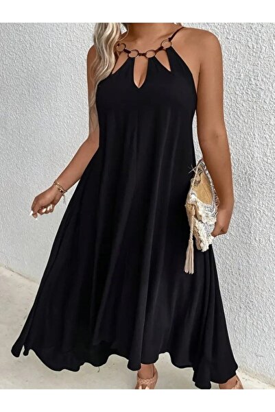 Viyamo Women's Halter Strap Drop Detailed Ring Asymmetrical Cut Viscose Dress