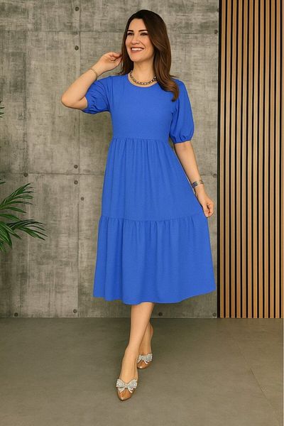 Butik Gelirr Γυναικείο κοντομάνικο φόρεμα με ανοιχτό γιακά με πλισέ μπαλόνι