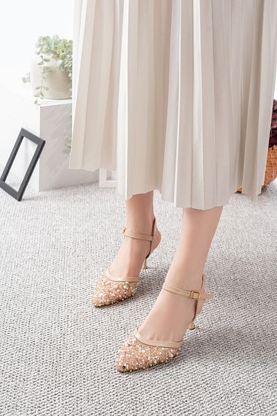 Egepass Dreamy Evening Dress Women's Shoes with Heels with Diamond Embroidery Detail and Beading