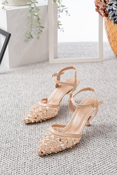 Egepass PIRLANTA NAKIŞ DETAYLI BONCUK İŞLEMELİ HAYALİNDEKİ ABİYE TOPUKLU KADIN AYAKKABI