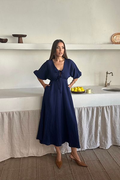 MODAVERA V-Neck Draped Dress - Navy Blue