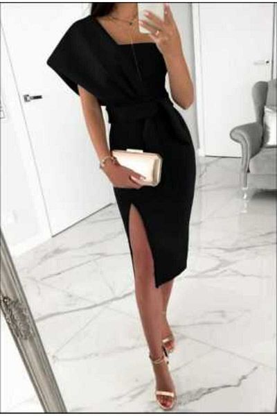 tknfashion Țesătură flexibilă neagră Scuba Rochie de seară elegantă cu lungime midi Rochie de absolvire Emr-581705 618