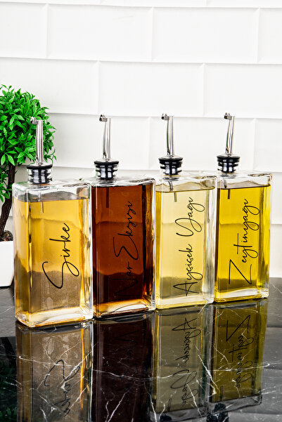 DNS HOME Set of 4 Glass Oil Pot with Silver Lid Sunflower Olive Oil Sauce Bowl Vinegar Bowl Oil Pot with Label 500 ml