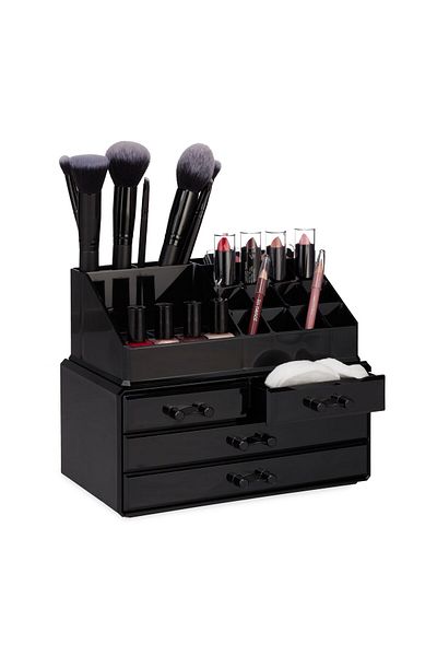 Relaxdays Make-up and accessories organizer, 16 compartments and 4 drawers, black acrylic, 24 x 13.5 x 19 cm