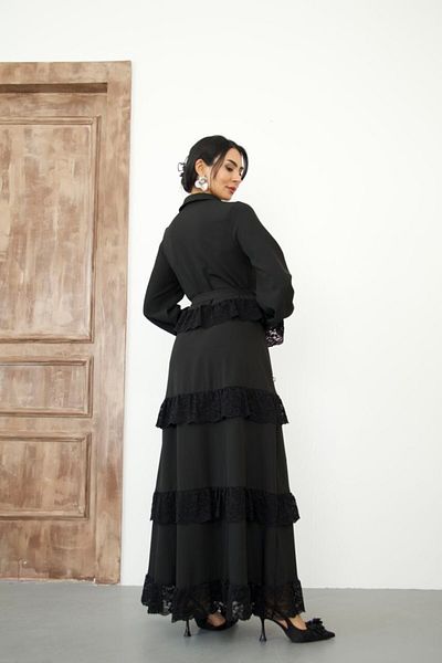 WellWay Atlas Fabric & Lace Detailed Shirt Collar Buttoned Black Dress (Belt Included)-2526