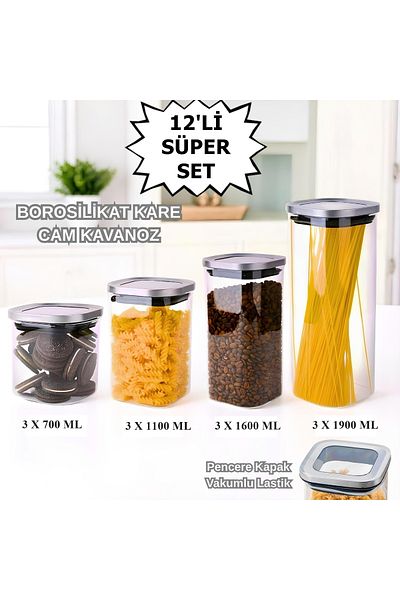 Lizzy 12-Piece Super Jar, Storage Container Set - Vacuum Square Jar -