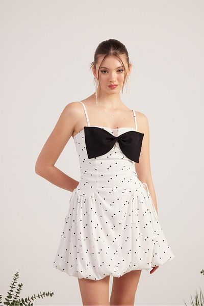 HOLLY LOLLY Mini Erica Dress with Polka Dot Ribbon Detail and Balloon Skirt White