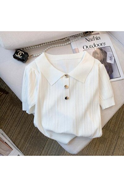 nathia outdoors Ekru Triko Örme Gümüş Gri Düğme Detaylı Kadın T-Shirt